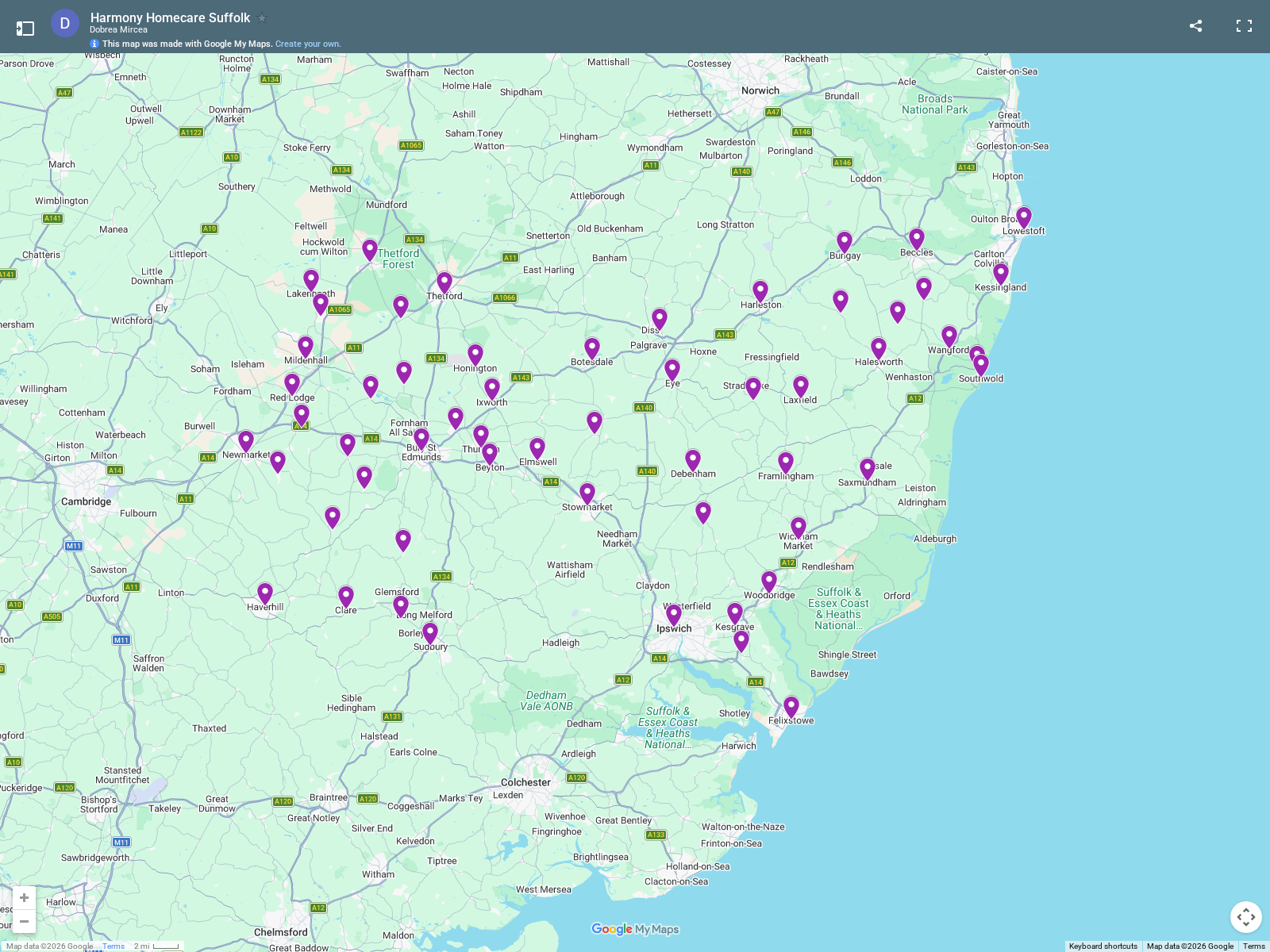 Map of Suffolk showing towns and villages covered by Harmony Homecare
