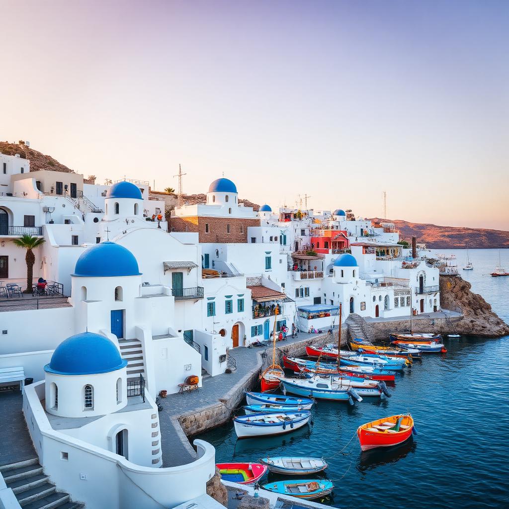 Picturesque Greek island port with whitewashed houses and colourful boats