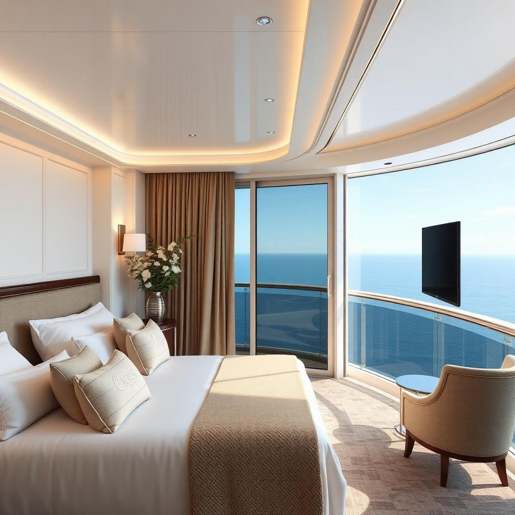 Balcony cabin interior with a wide sea view