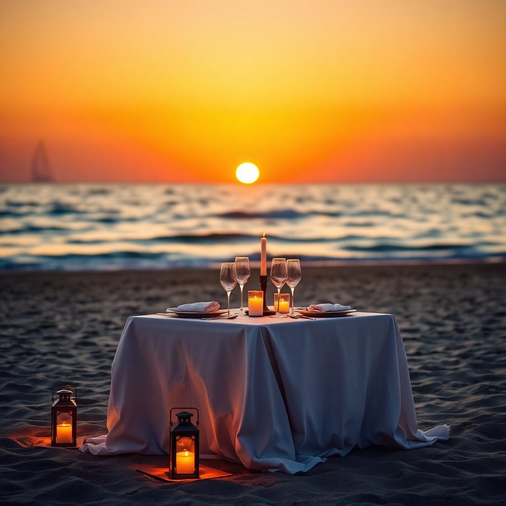 Candlelit dinner for two on the beach at sunset