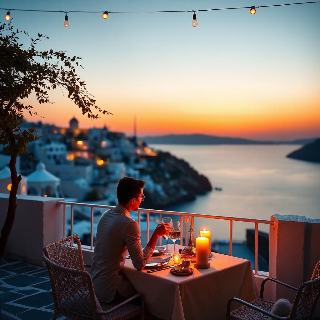 Candlelit dinner for two on a terrace above a Cycladic village at sunset