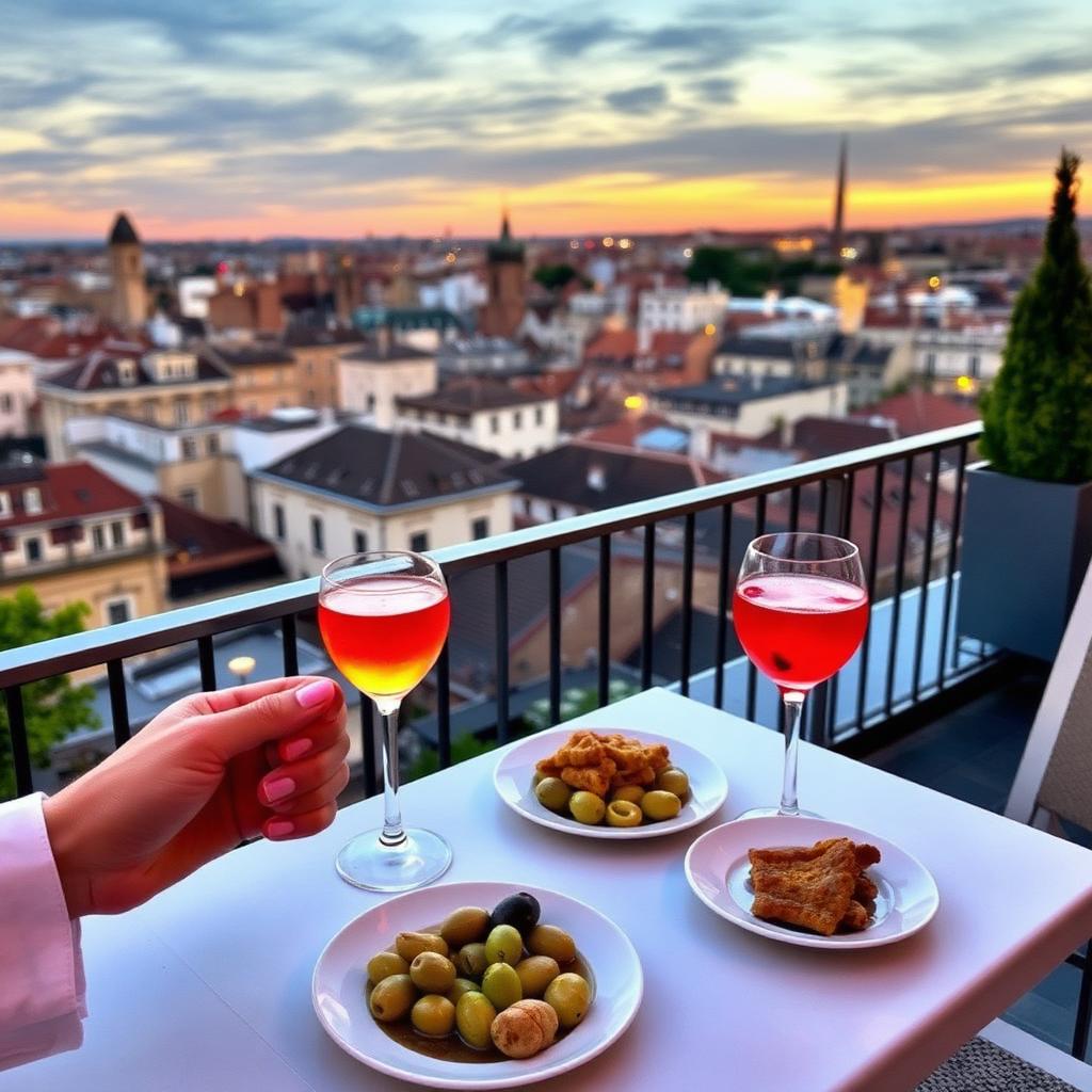 Aperitivo drinks on a rooftop terrace over Milan
